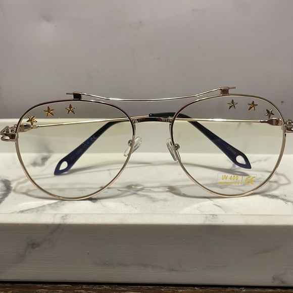 NEW ARRIVALS UNISEX GOLD STAR STUDDED CLEAR LENS AVIATORS GLASSES main image 7